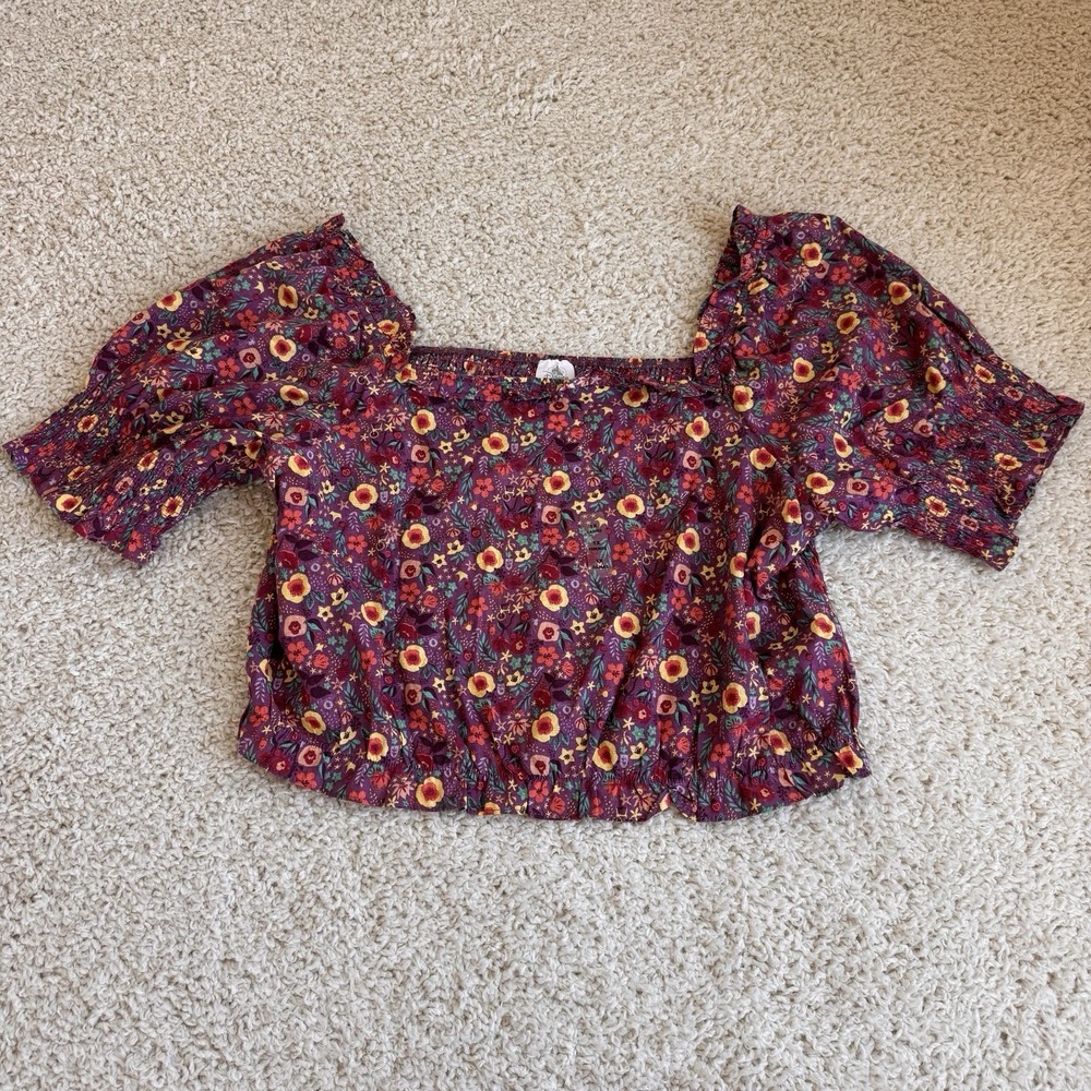 Disney Floral Smocked Crop Top Womens 1X Purple Puff Sleeve Square Neck Top